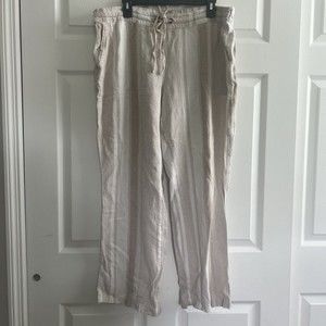 Per Se Women's Large Linen Blend Drawstring Striped Coastal Wide Leg Pants